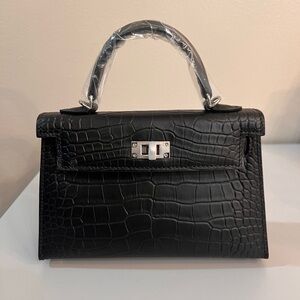 $SOLD$Mini Croc-embossed genuine leather bag silver hardware 19cm
